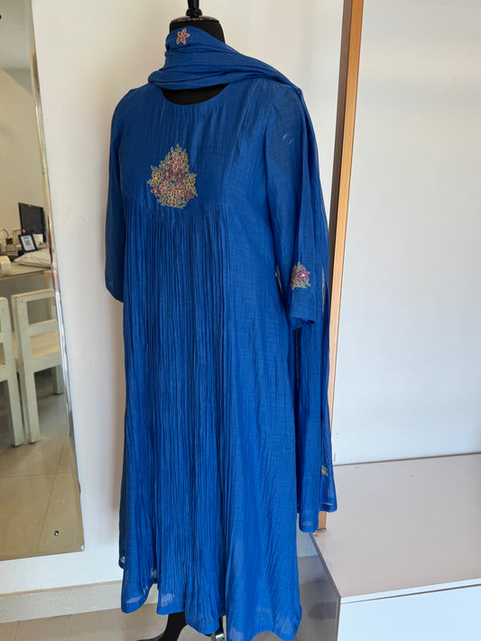 Zillah - Blue Applique Mul Chanderi Kurta Set