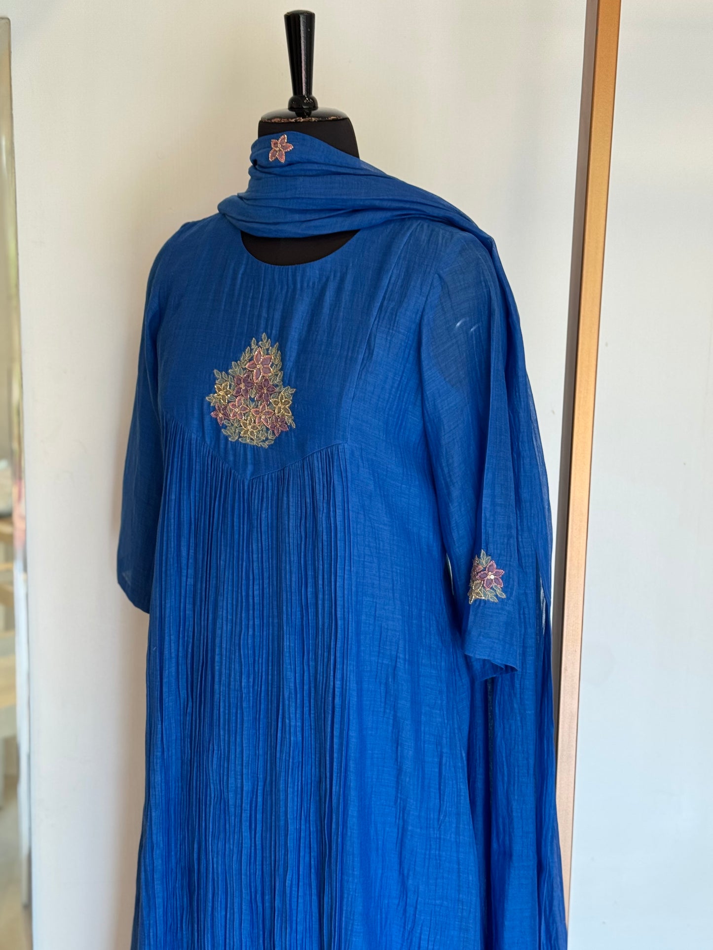 Zillah - Blue Applique Mul Chanderi Kurta Set