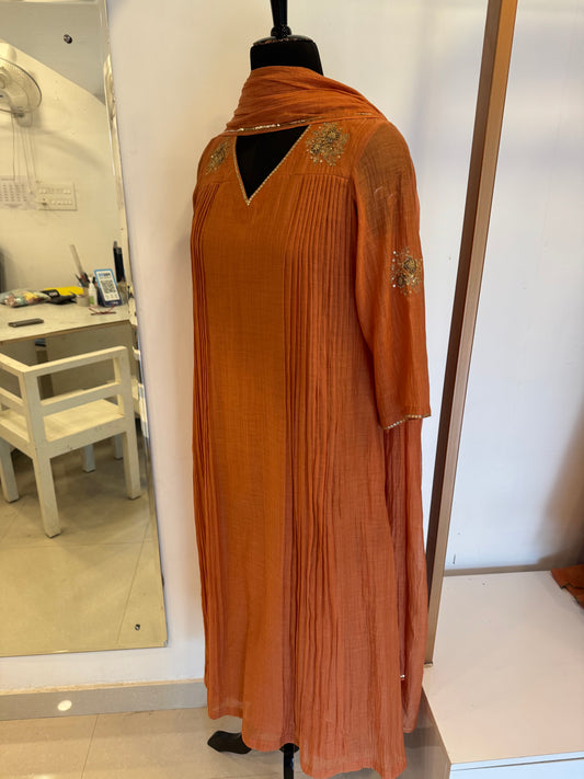 Rust Orange Mul Chanderi Kurta Set