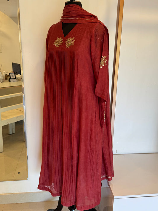 Glossy Maroon Mul Chanderi Kurta Set