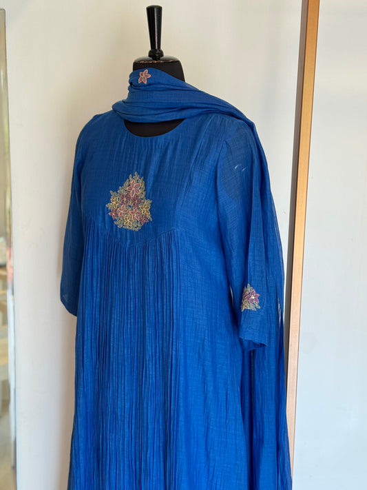 Zillah - Blue Applique Mul Chanderi Kurta Set