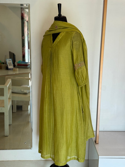 Lior - Lemon Green Applique Mul Chanderi Kurta Set