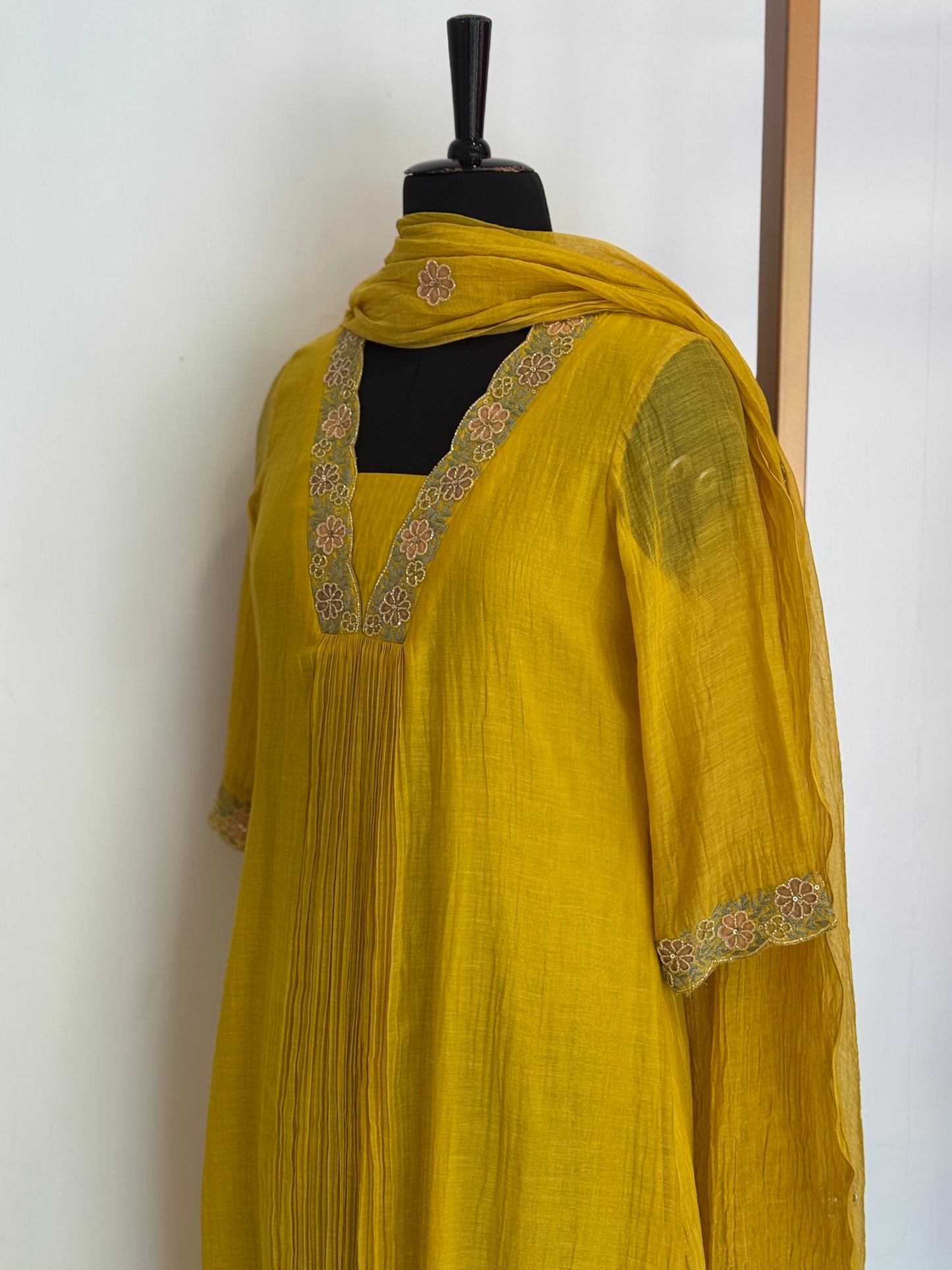 Ayla - Yellow Applique Mul Chanderi Kurta Set