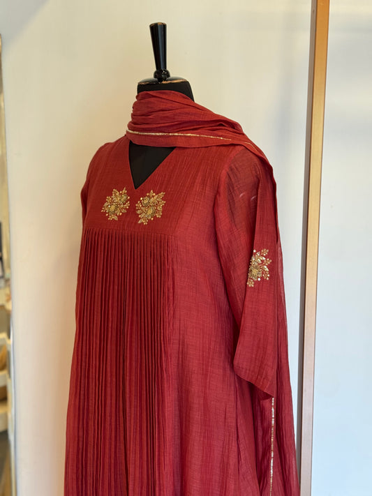 Glossy Maroon Mul Chanderi Kurta Set