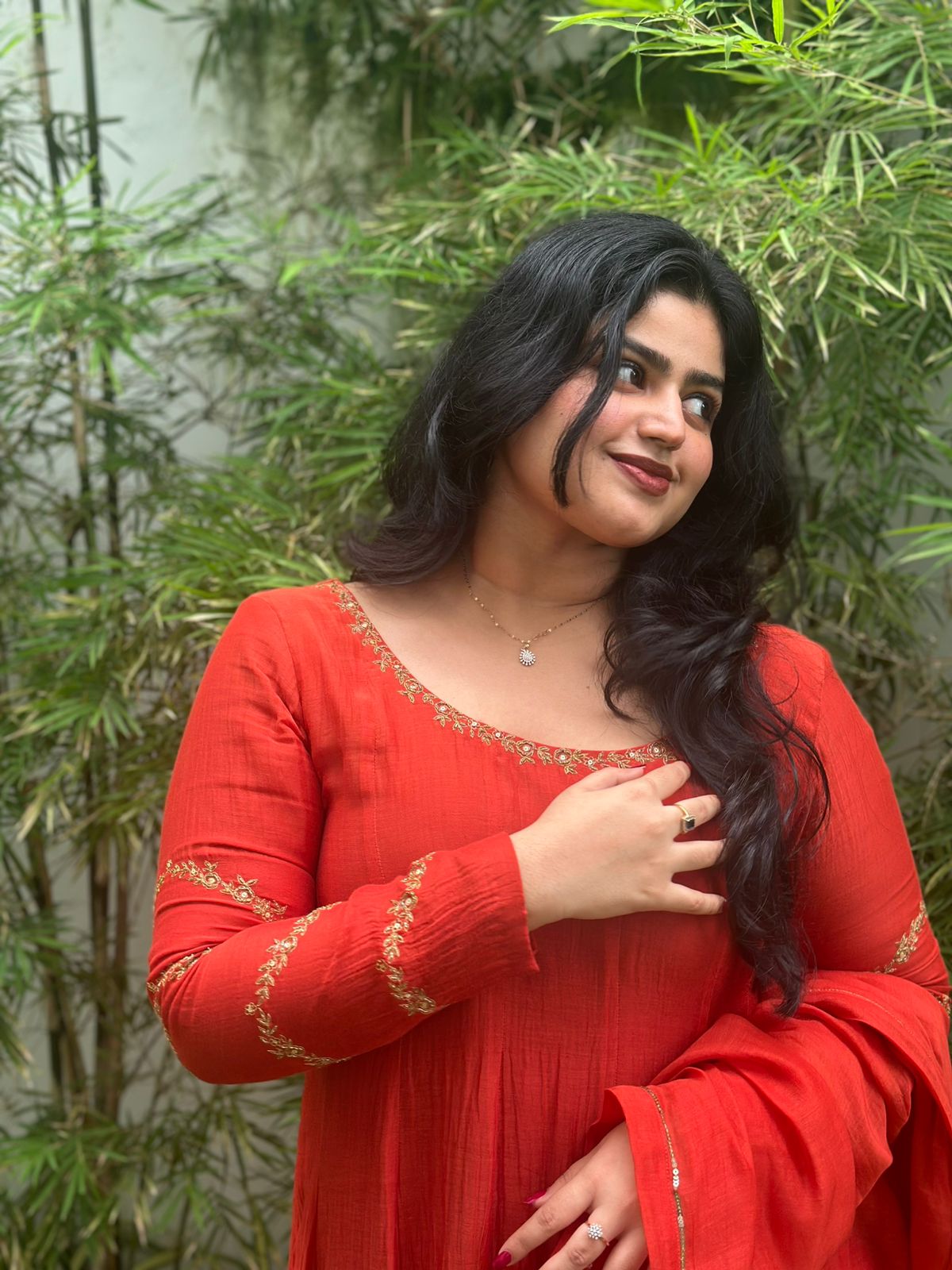 Zena - Red Orange Mul Chanderi Anarkali Set