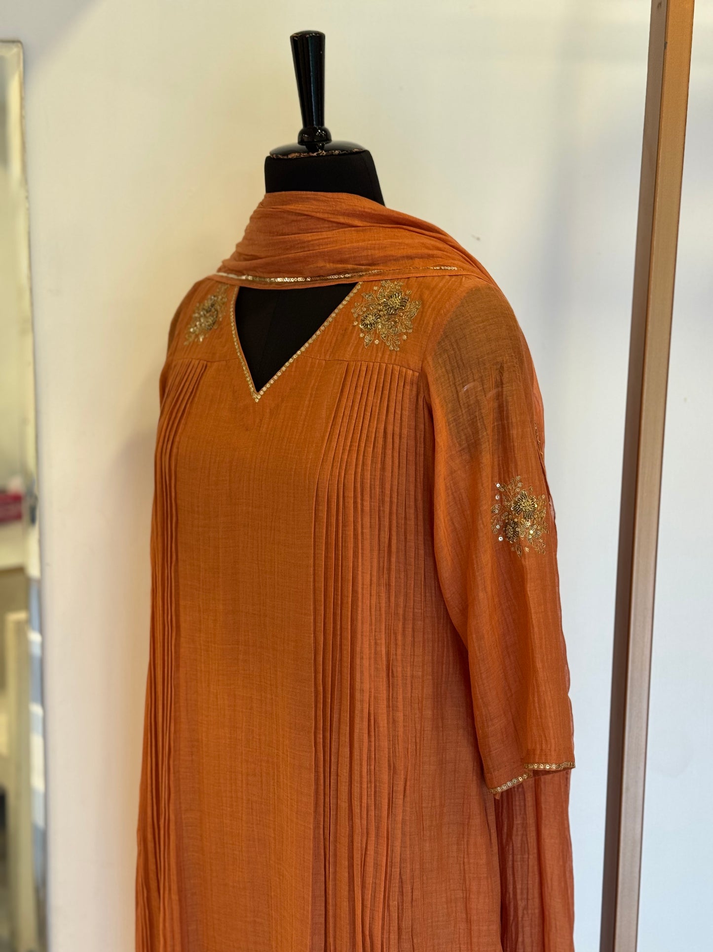Rust Orange Mul Chanderi Kurta Set