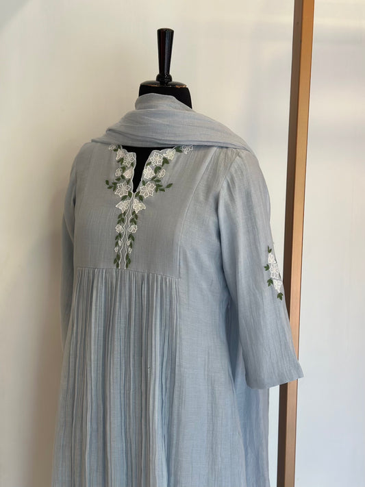 Pastel Blue Applique Work Chanderi Kurta Set - Thea