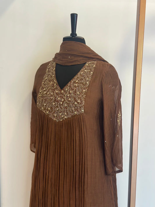 Brown Yoke Kurta Set - Thea