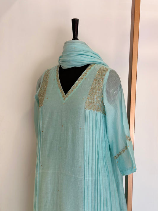 Light Blue Side Gathered Kurta Set - Thea