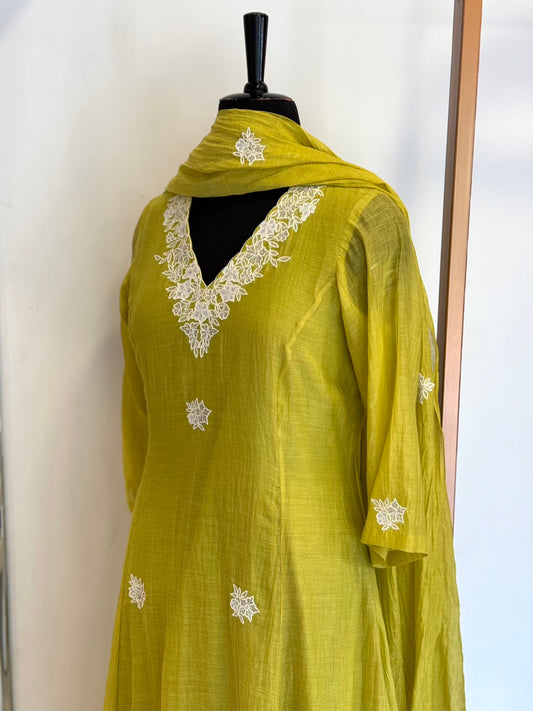 Lemon Yellow Applique Work Chanderi Kurta Set - Thea