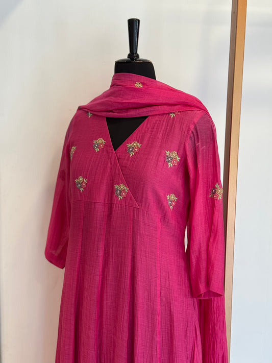 Magenta Chanderi Panel Kurta Set - Thea