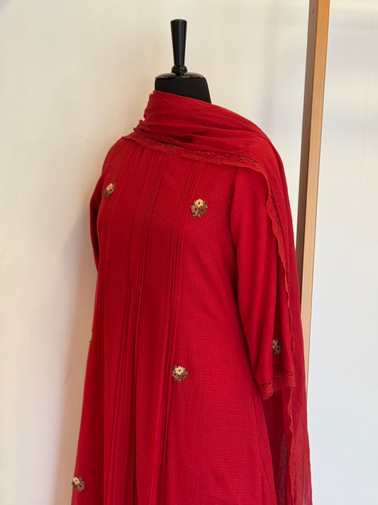 Red Pleated Kota Doria Set - Thea