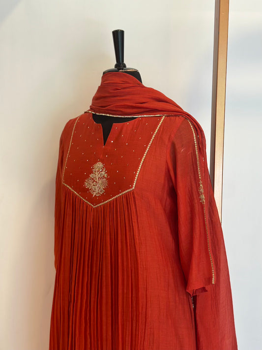 Brick Red Double Zari Kurta Set - Thea