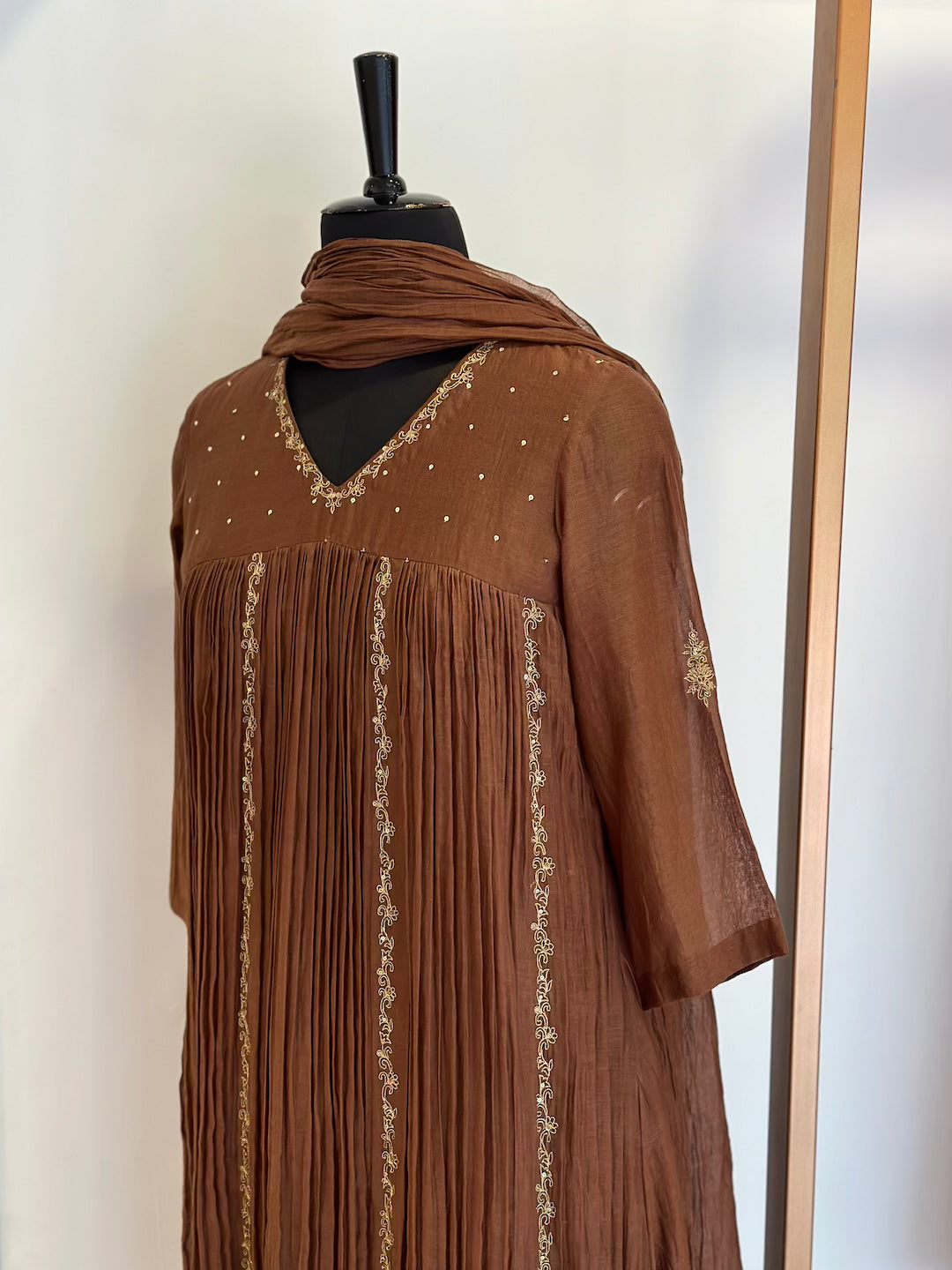 Dark Brown Zari Line Kurta set - Thea